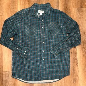 Haband Mens Teal Blue Brown Plaid Flannel Button Down Shirt Style 14D Large